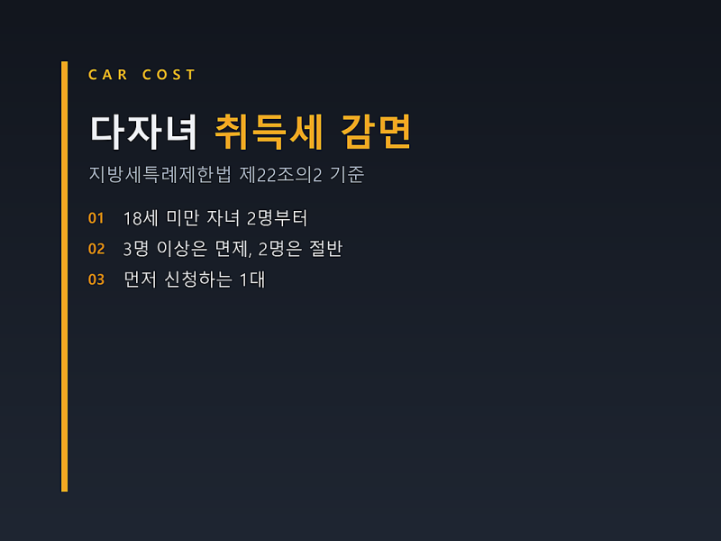 다자녀 취득세 감면, 자동차는 자녀 2명 절반 3명 면제와 추징 기준
