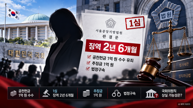 <b>강선우</b> 징역 2년 6개월·추징금 <b>1억</b> 원! <b>공천헌금</b> 1심 유죄, 법정구속....