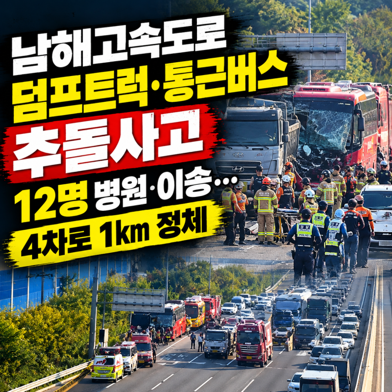 남해고속도로 함안 군북IC 인근 덤프트럭·통근버스 추돌사고, 12명 병원 이송…4차로 1㎞ 정....