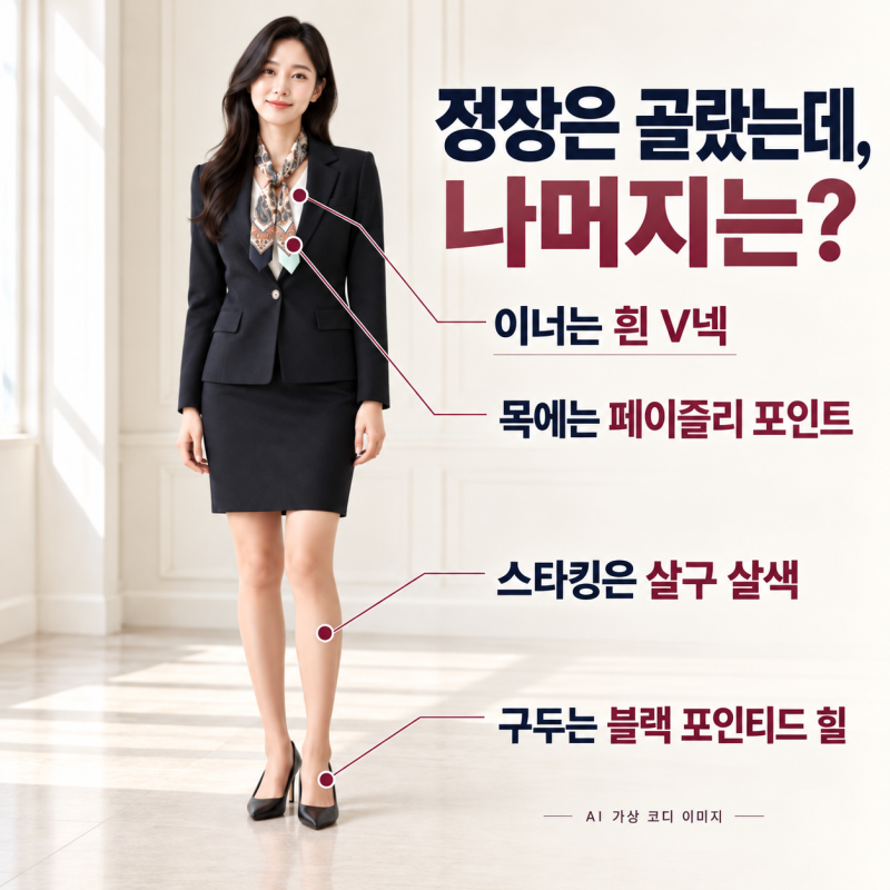 여자 정장 코디, 스커트 투피스에 무엇을 입고 신을까?