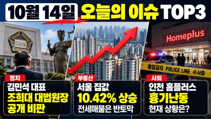 10월 14일 오늘의 이슈 TOP3｜김민석·조희대 충돌, <b>서울</b> 집값 10% 상승,....