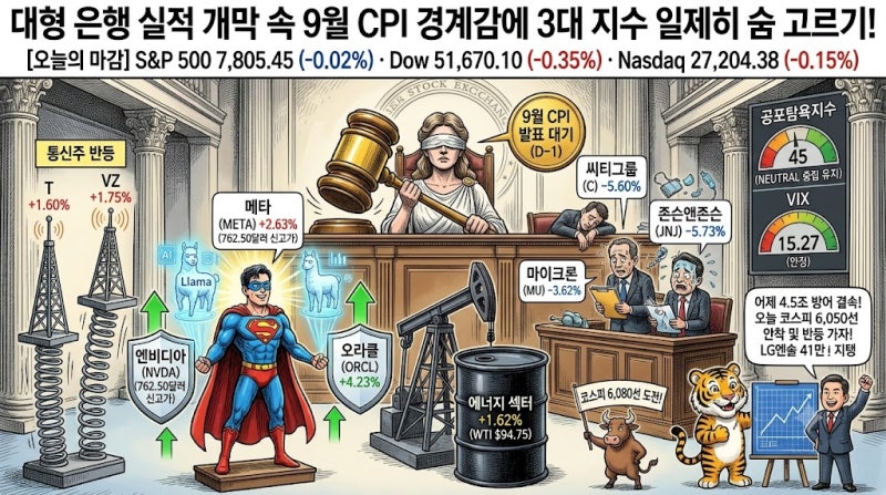 [ 1014 미국 증시 마감] : "대형 은행 실적 개막 속 9월 CPI 경계감에 3대 지수 일제히 숨 고르기!"