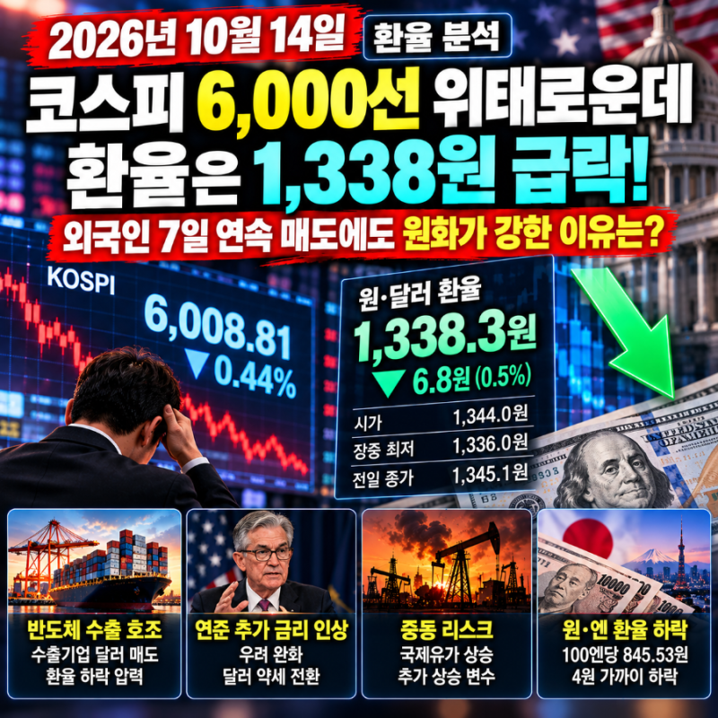2026년 10월 14일 환율 분석 | 코스피 6,000선 위태로운데 환율은 1,338원 급락! 외국인 7일 연속 매....