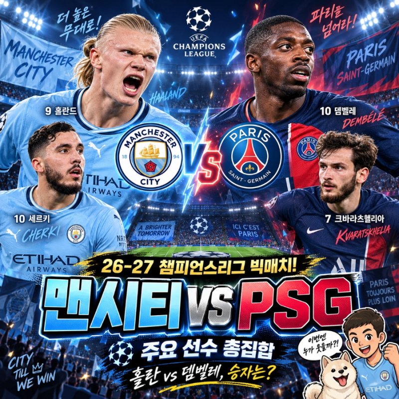 2026-2027 챔피언스리그 맨시티 vs PSG 경기 분석 홀란드의 득점력과 뎀벨레의 공격력, 에티하드....