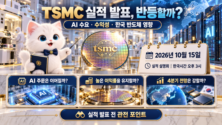 <b>TSMC</b> 10월 15일 <b>실적 발표</b>, 주가 반등할까? AI 수요·수익성·한국 반도....