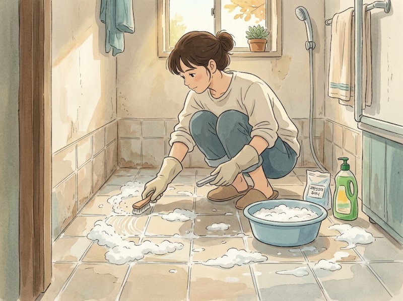 욕실 바닥 줄눈에 낀 붉은 물때와 검은 곰팡이 손쉽게 지우는 청소법