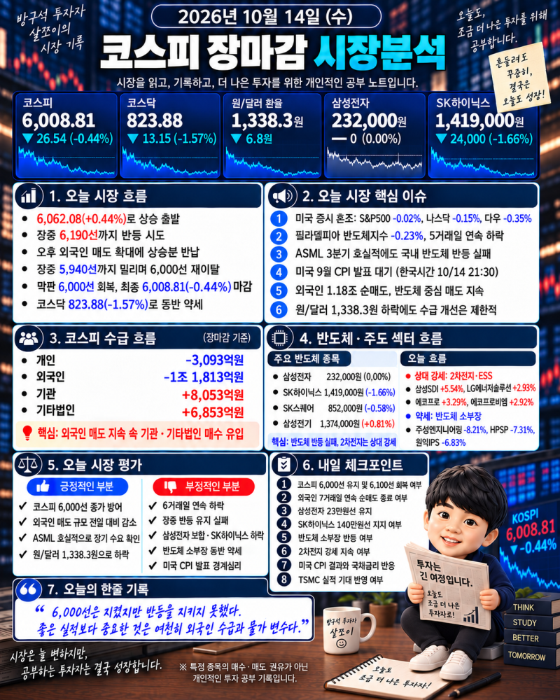 26.10.14 시장분석 - 코스피 6000선 간신히 방어, 외국인 1.18조 매도, 반도체 반등 실패 이유?!