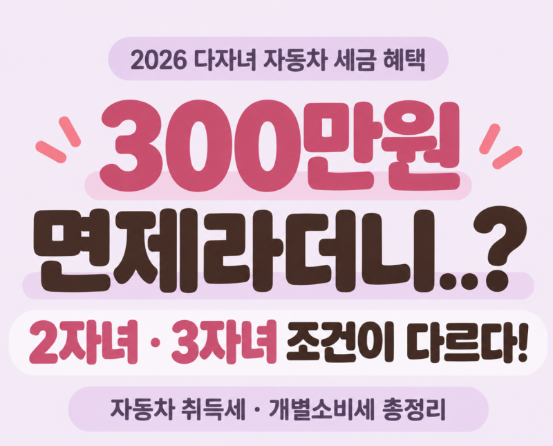 "300만원 면제라더니?" 2026 다자녀 자동차 취득세·개별소비세 감면 조건 총정리