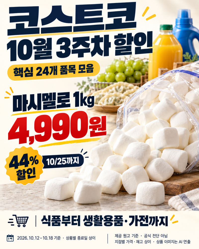 마시멜로 1kg이 4,990원? 코스트코 10월 3주차 할인 총정리 (10/12~10/18 · 카테고리별 200개+)