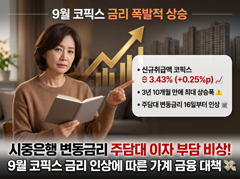 9월 코픽스 금리 인상 폭발적 상승, 시중은행 주담대 변동금리 이자 부담 대비하세요!