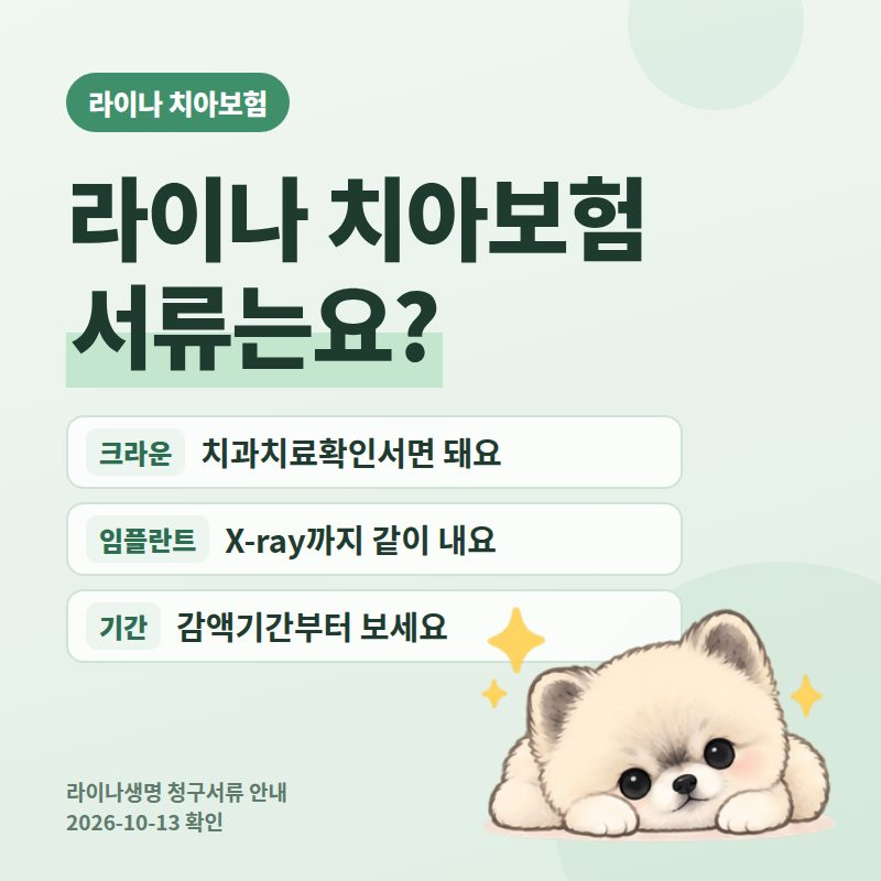 라이나 치아보험 청구 방법 2026, 임플란트·브릿지는 X-ray까지, 충전·크라운은 치과치료확인....
