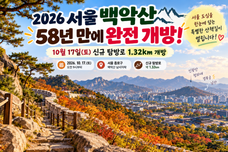 2026 서울 백악산 58년 만에 완전 개방｜10월 17일 신규 탐방로 1.32km·코스·가는 길