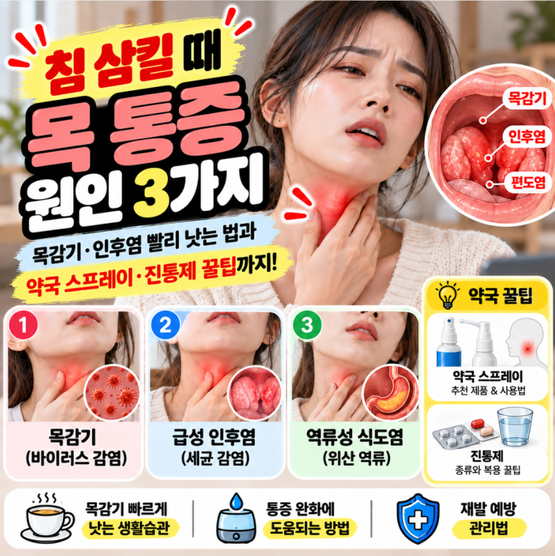 침 삼킬 때 목 통증 원인 3가지｜목감기 인후염 편도염 빨리 낫는 법과 약국 스프레이·진통....