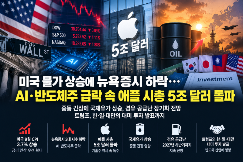 미국 물가 상승에 뉴욕증시 하락…AI·반도체주 급락 속 애플 시총 5조 달러 돌파