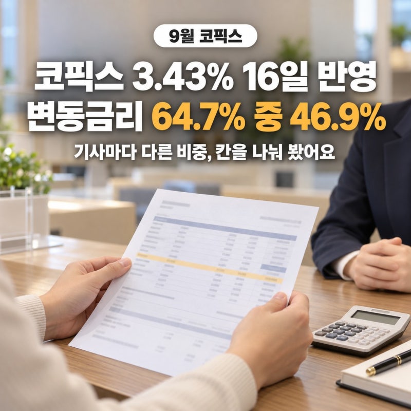 코픽스 3.43% 16일 반영, 변동금리 주담대 64.7% 중 코픽스를 포함한 칸은 46.9%예요
