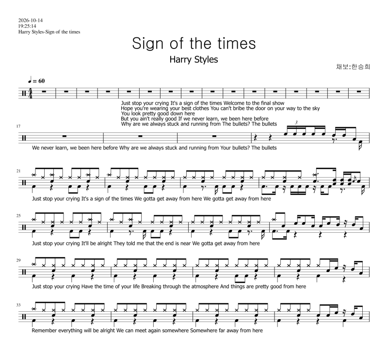 [드럼악보] Harry Styles-Sign of the times