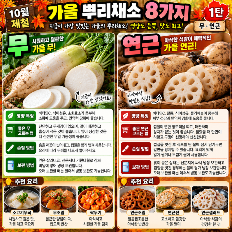10월 제철 뿌리채소 8가지 총정리! 무·연근·우엉·토란부터 고구마·비트까지 고르는 법과 보....