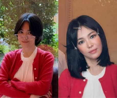 “빨간 가디건은 똑같은데…” 44세 송혜교, 안경 벗고 풀메이크업하자 달라진 분위기