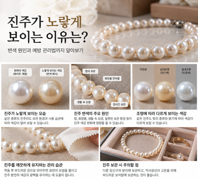진주가 노랗게 변하는 이유｜진주 목걸이 황변 원인과 변색 구별 및 관리법