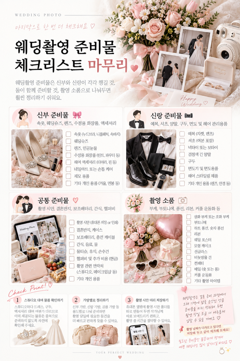 웨딩촬영 준비물 체크리스트 신부 신랑 필수 준비물 소품정리 노션 무료 공유