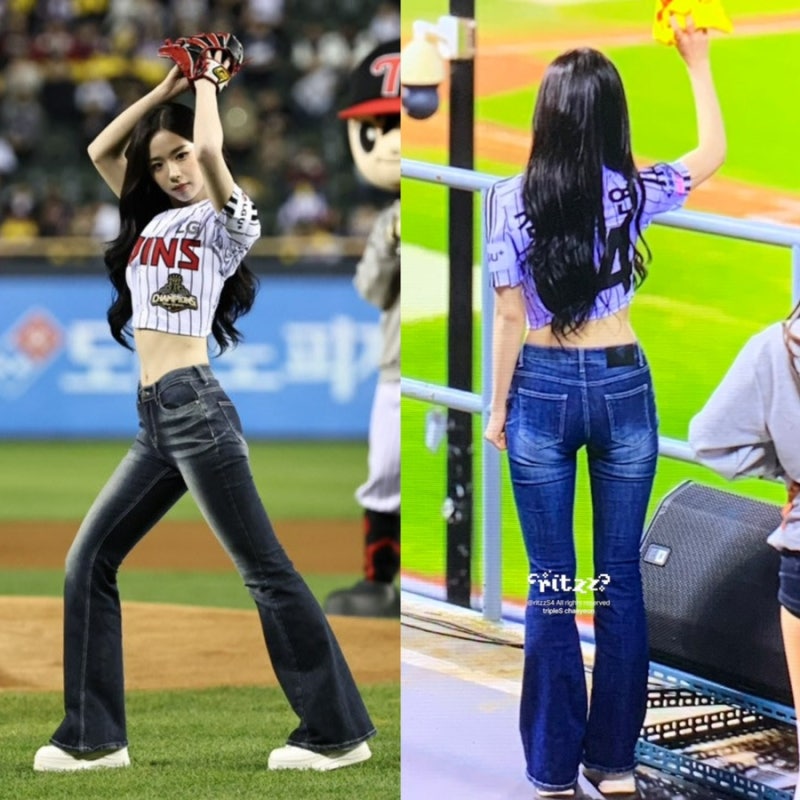 시너진 신상 청바지입고 시구! 트리플에스 김채연 부츠컷 바지 정보