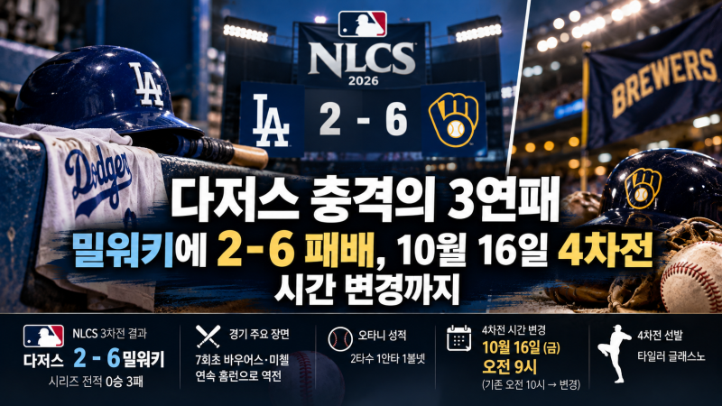 다저스 충격의 3연패｜밀워키에 2-6 패배, 10월 16일 4차전 시간 변경까지
