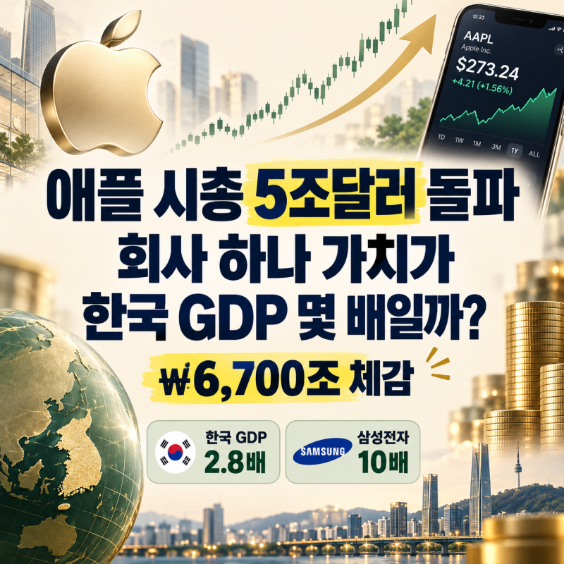 애플 시총 5조달러 돌파 회사 하나 가치가 한국 GDP 몇 배일까? (₩6,700조 체감)