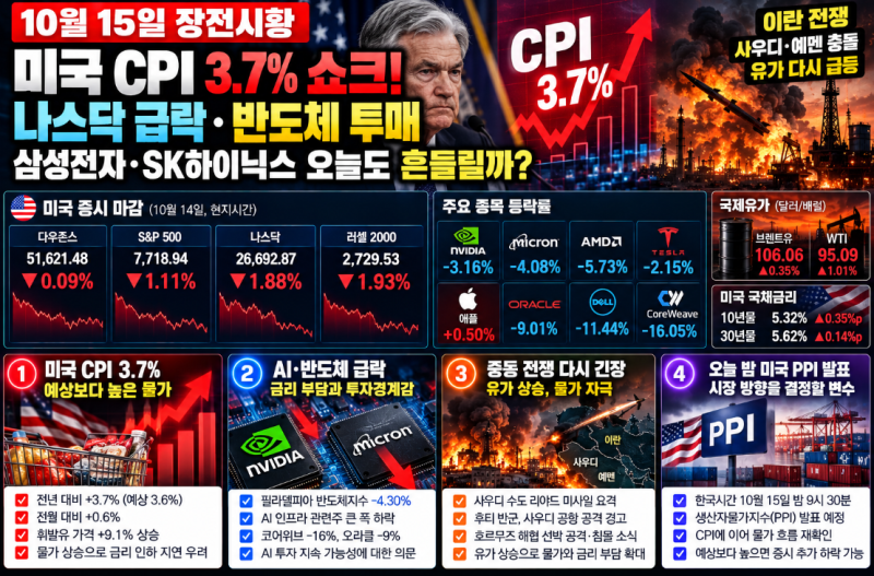 10월 15일 ,미국 CPI 3.7% 쇼크! 나스닥 급락·반도체 투매…삼성전자·SK하이닉스 오늘도 흔들릴....