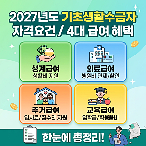 2027년도 기초생활수급자 자격요건 / 기초생활수급자 혜택 및 4대 급여 혜택 한눈에 총정리!