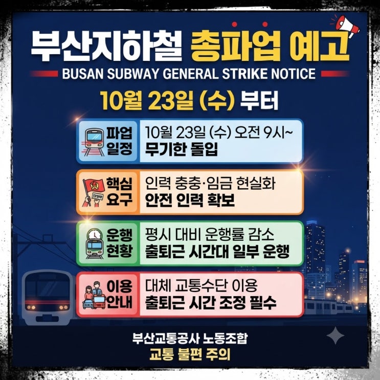 [2026.10.15] <b>부산 지하철</b> 10월 23일 총<b>파업</b> 예고 총정리, <b>파업</b>하면 운행....