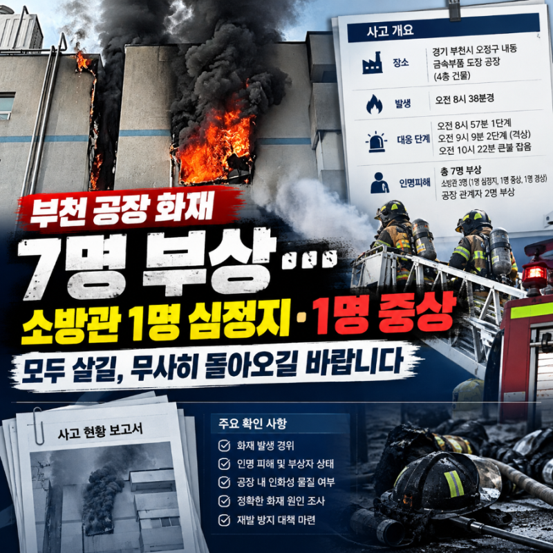 부천 공장 화재로 7명 부상…심정지 소방관까지, 모두 무사히 돌아오길