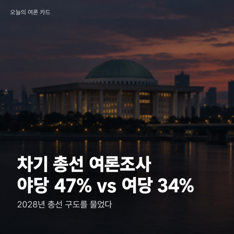 차기 총선 여론조사 야당 47% vs 여당 34%, 서울 55%·부울경 접전…호감도 1위는 오세훈