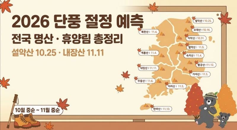 2026 단풍 시기 완벽 정리: 전국 명산 및 휴양림 절정 예측