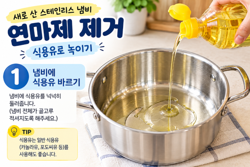 스테인리스 냄비 연마제 제거 첫 세척 방법 3단계 (식용유·베이킹소다·식초 완벽 활용법)