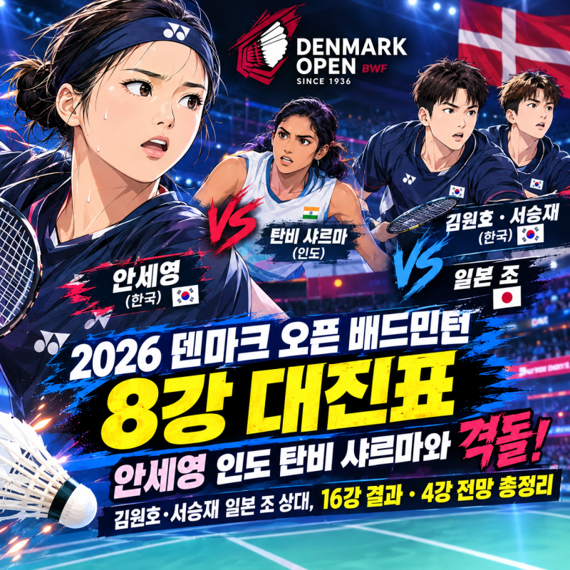 2026 덴마크 오픈 배드민턴 8강 대진표｜안세영 인도 탄비 샤르마와 격돌! 김원호·서승재 일....