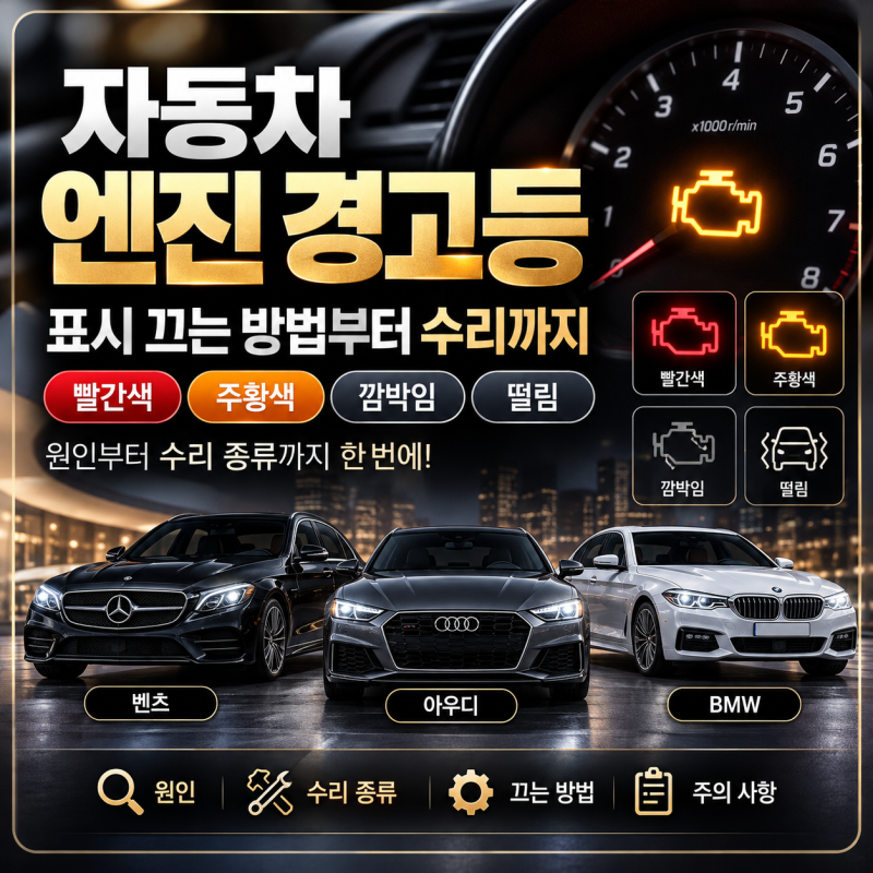자동차 엔진 경고등 표시 끄는방법 빨간색 주황색 깜박 떨림 수리 종류(벤츠,아우디,BMW)