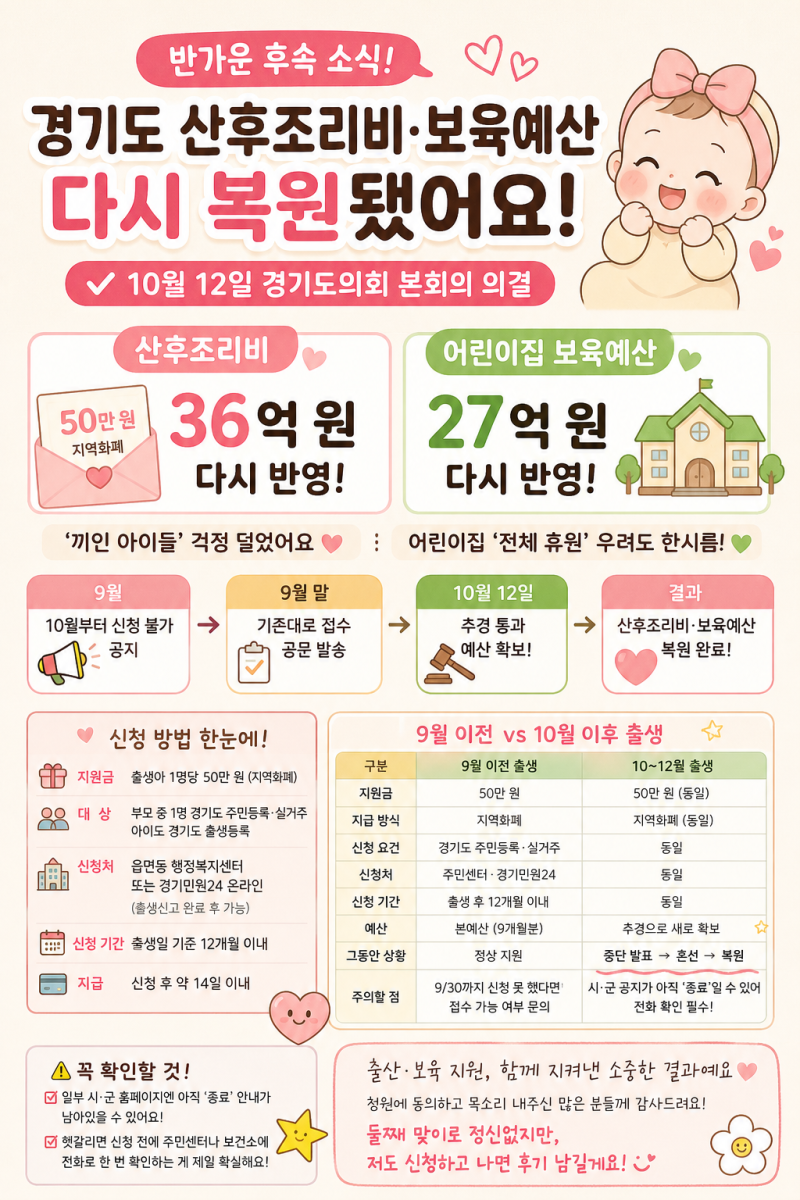 10~12월 출생아도 받는다? 끊겼던 경기도 산후조리비·어린이집 예산 복원 확정 | 추경 결과 총....
