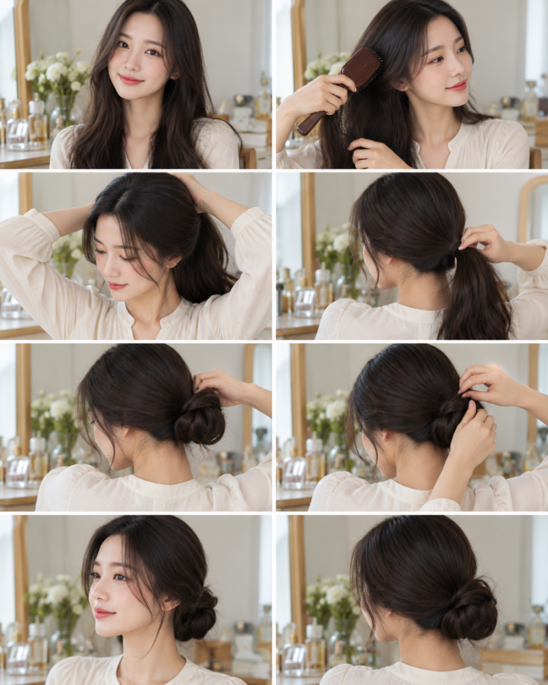 고무줄 하나로 단정하게! 긴 머리 5분 출근 로우번 묶는 법