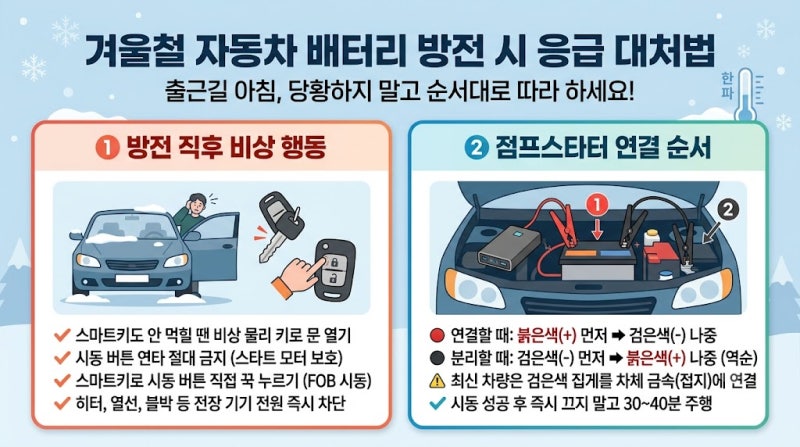 겨울철 자동차 배터리 방전 시 긴급 대처법! 점프스타터 연결 순서 총정리