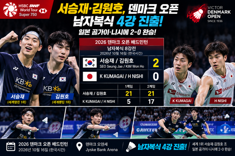 서승재-김원호, 일본 조에 2-0 완승! 첫 게임 21-5 압도하며 덴마크 오픈 남자복식 4강 진출