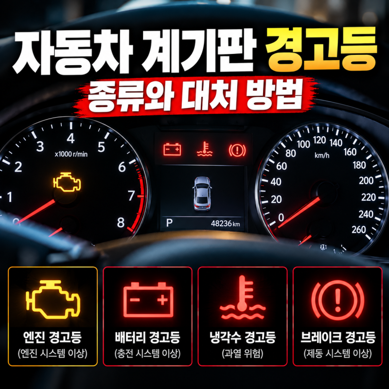 자동차 계기판 경고등 종류와 대처 방법｜엔진·배터리·냉각수·브레이크 총정리