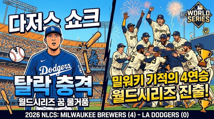  다저스 4연패 충격 탈락! <b>밀워키</b>, 4연승으로 2026 월드시리즈 진초....