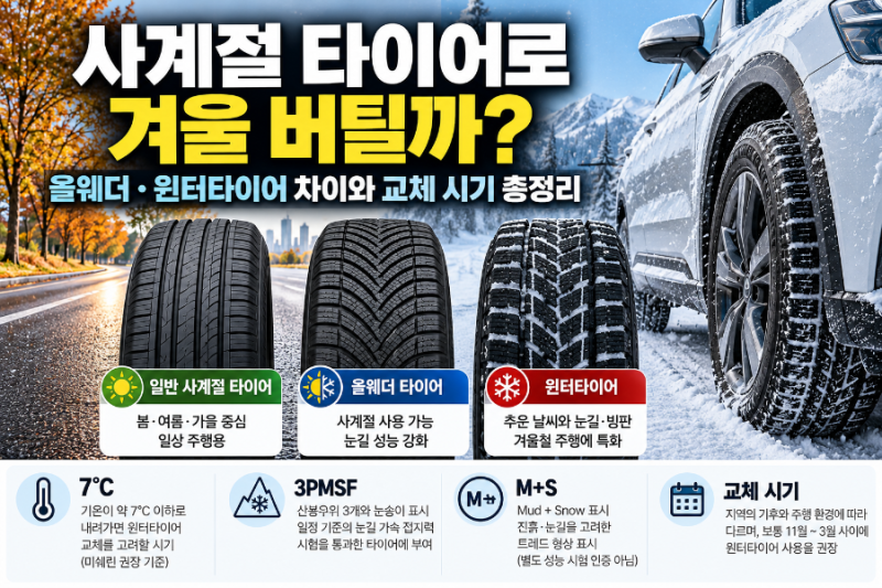 사계절 타이어로 겨울 버틸까?｜올웨더·윈터타이어 차이와 교체 시기 총정리