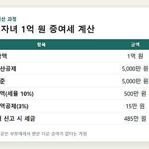 증여세 계산기로 직접 계산해 보기, 성인 자녀에게 1억 원을 주면 세금은 얼마이고 기한 안에....