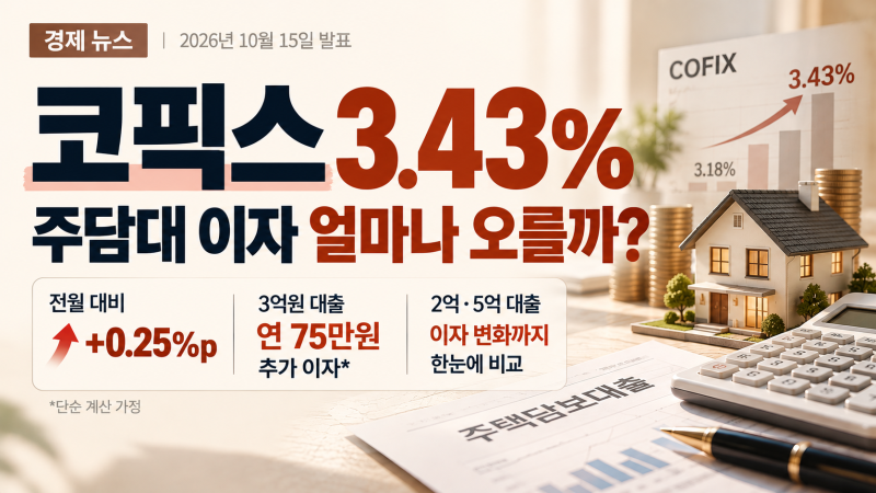 코픽스 3.43% 상승｜주담대 2억·3억·5억원, 이자는 얼마나 늘어날까?