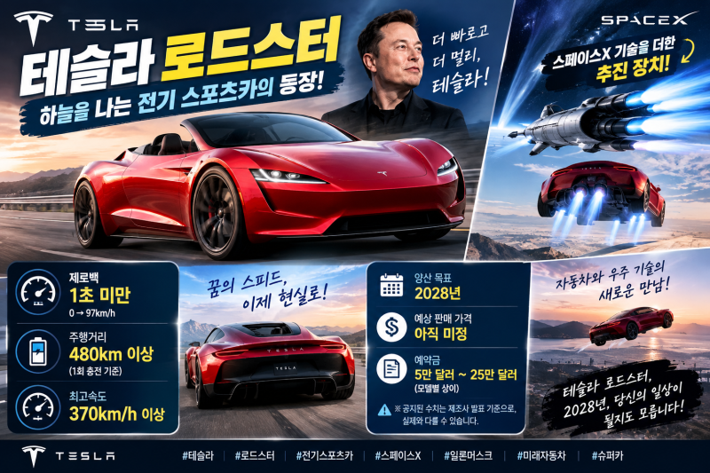 ⚡테슬라 로드스터 공개! 하늘을 나는 전기 스포츠카, 성능과 가격은? 2028년 양산 목표…제로....