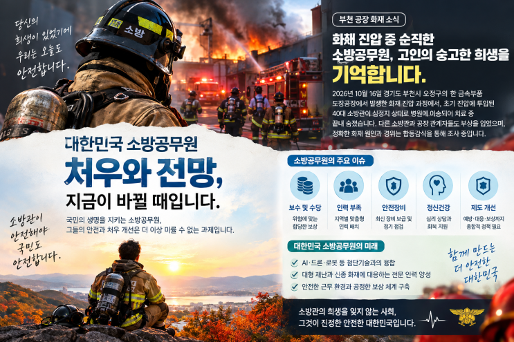대한민국 소방공무원 처우와 전망｜<b>부천</b> 공장 <b>화재</b> 소방관 <b>순직</b>,....