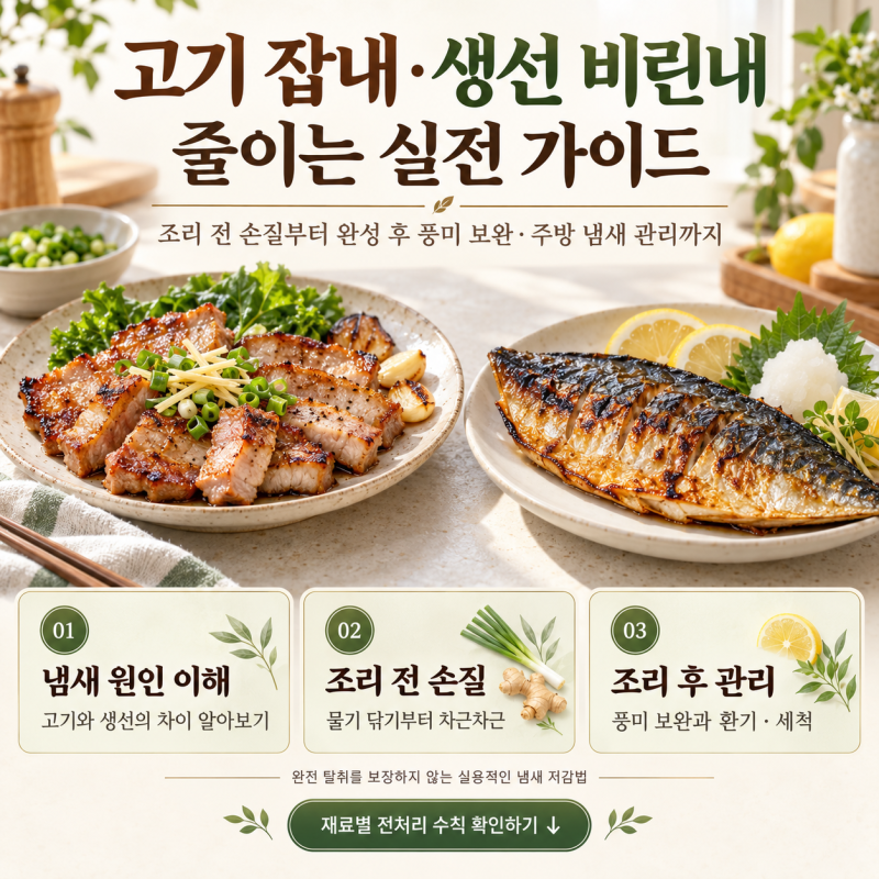 4)고기 잡내 생선 비린내 완벽 해결법: 조리 전후 손질부터 주방 냄새 탈취까지