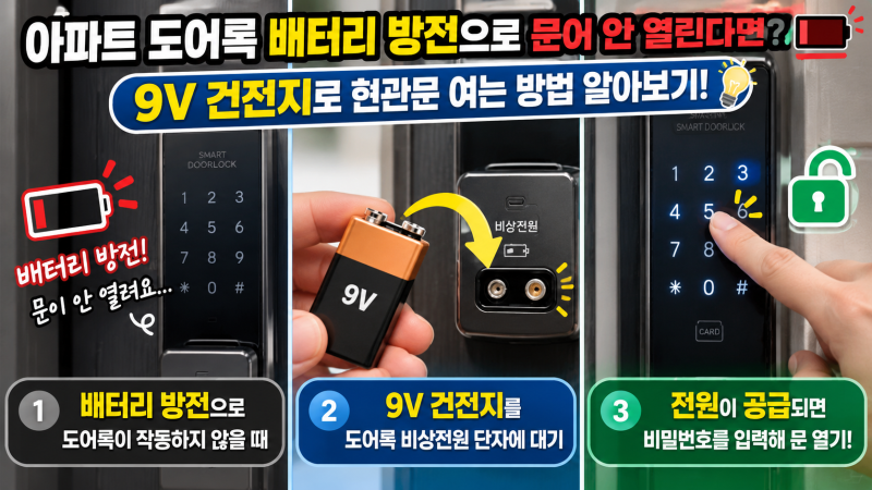아파트 도어록 배터리 방전으로 문이 안 열린다면? 9V 건전지로 현관문 여는 방법 알아보기!
