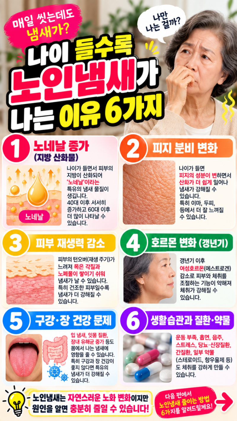 매일 씻는데도 노인냄새가? 나이 들수록 체취가 달라지는 이유와 줄이는 방법 6가지